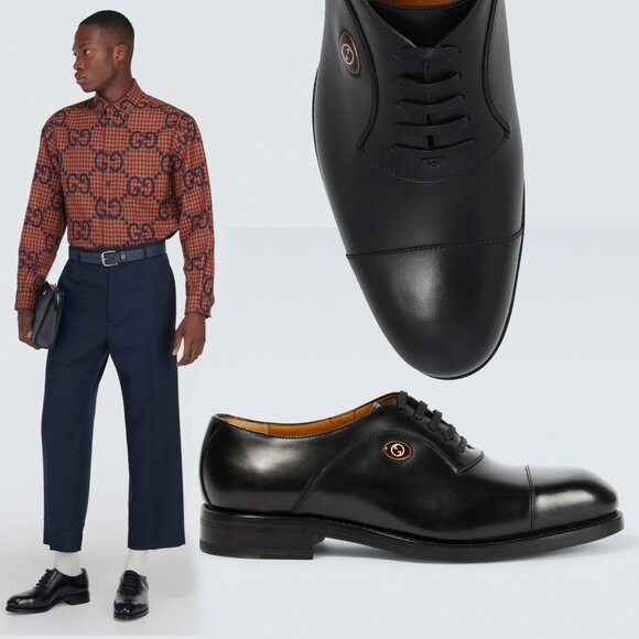 GUCCI SHOES MENS BLACK LEATHER INTERLOCKING G LOGO DERBY OXFORD sz 9 US 9.5 - Picture 1 of 15